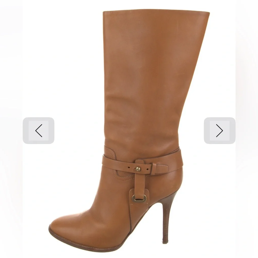 Ralph Lauren Cognac Leather High-Heel Slouch Boots - Picture 6 of 9